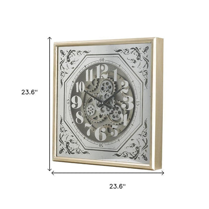24" Square Gold and Silver Wood and Mirror Exposed Gear Wall Clock HomeRoots