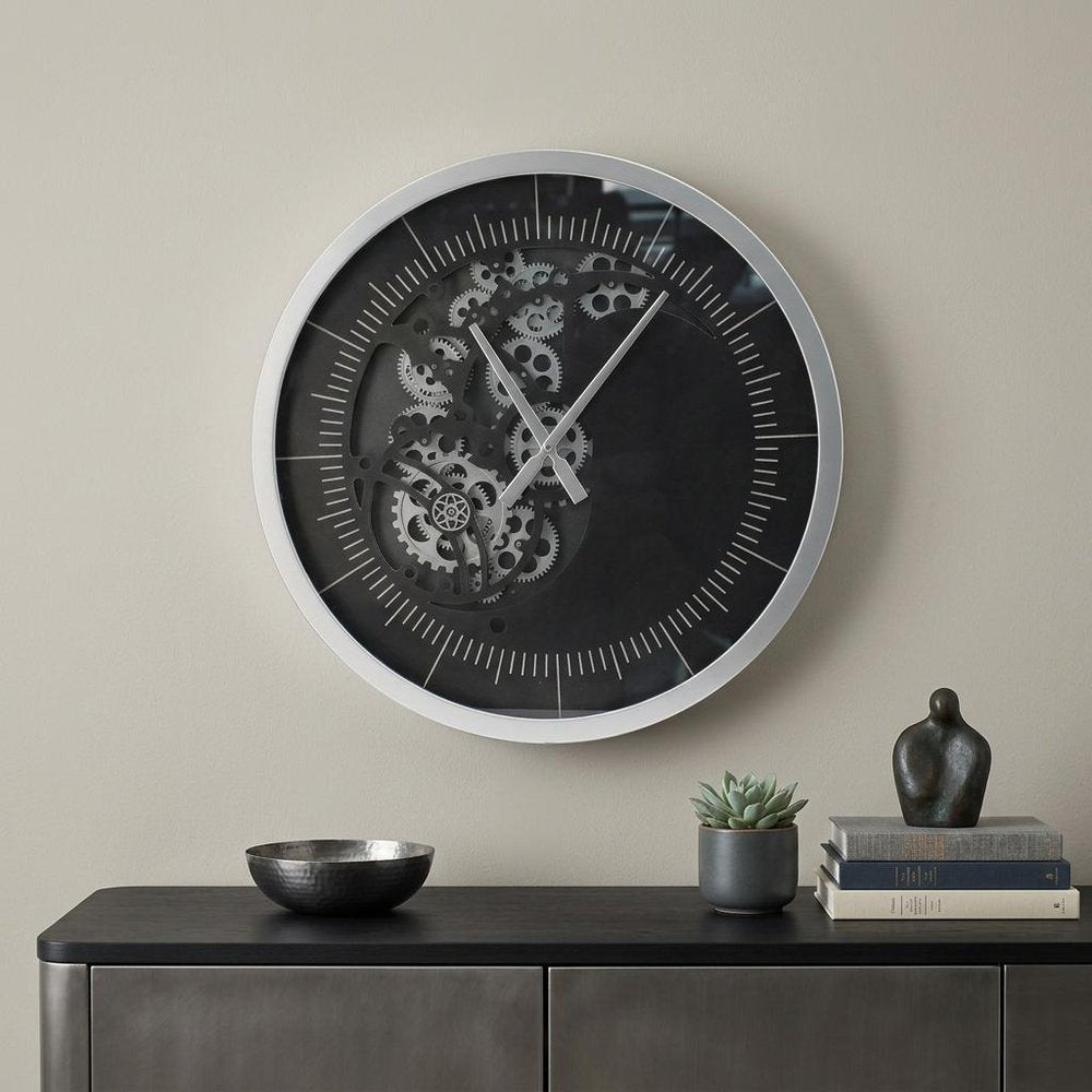 23" Circle Black and Silver Wood and Glass Analog Wall Clock HomeRoots
