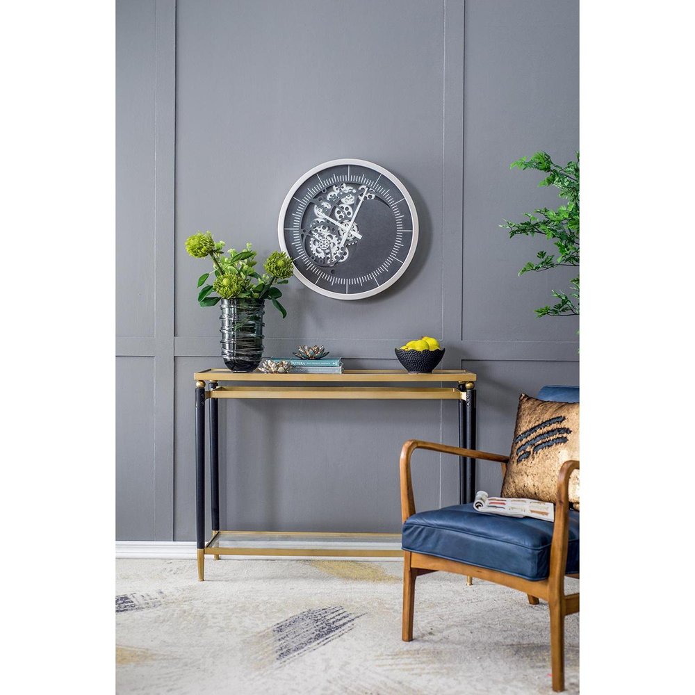23" Circle Black and Silver Wood and Glass Analog Wall Clock HomeRoots