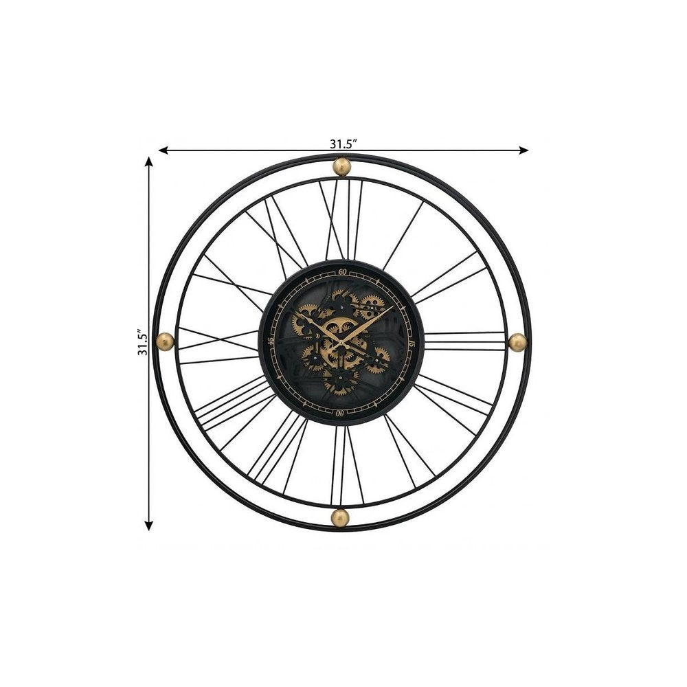 32" Circle Black and Gold Metal and Glass Analog Exposed Gear Wall Clock HomeRoots