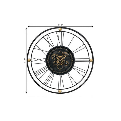 32" Circle Black and Gold Metal and Glass Analog Exposed Gear Wall Clock HomeRoots
