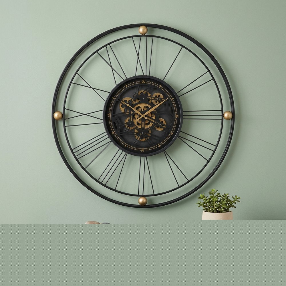 32" Circle Black and Gold Metal and Glass Analog Exposed Gear Wall Clock HomeRoots