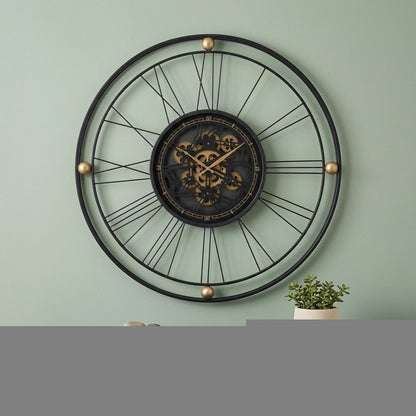 32" Circle Black and Gold Metal and Glass Analog Exposed Gear Wall Clock HomeRoots