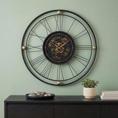 32" Circle Black and Gold Metal and Glass Analog Exposed Gear Wall Clock HomeRoots