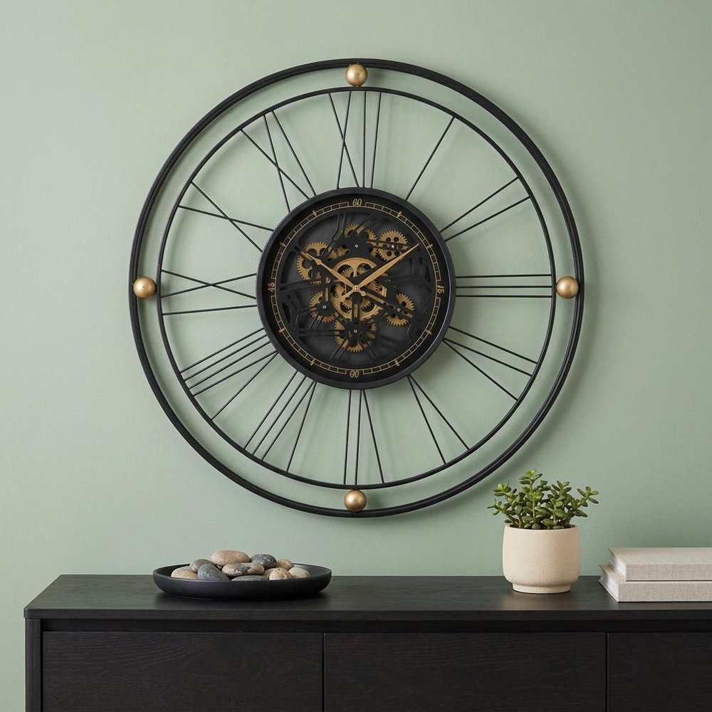 32" Circle Black and Gold Metal and Glass Analog Exposed Gear Wall Clock HomeRoots