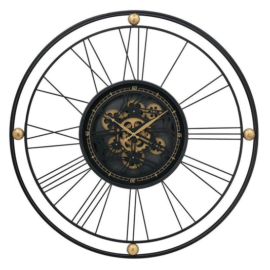 32" Circle Black and Gold Metal and Glass Analog Exposed Gear Wall Clock HomeRoots