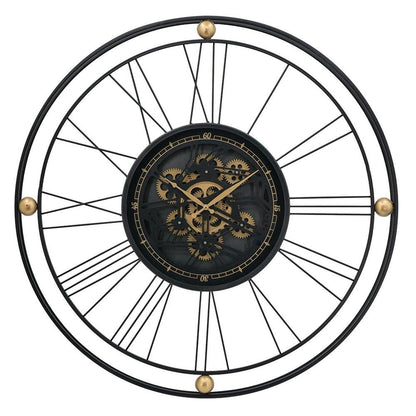 32" Circle Black and Gold Metal and Glass Analog Exposed Gear Wall Clock HomeRoots