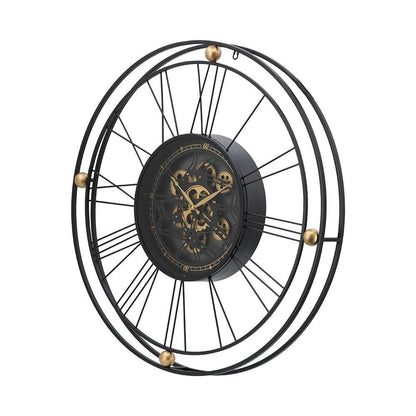 32" Circle Black and Gold Metal and Glass Analog Exposed Gear Wall Clock HomeRoots