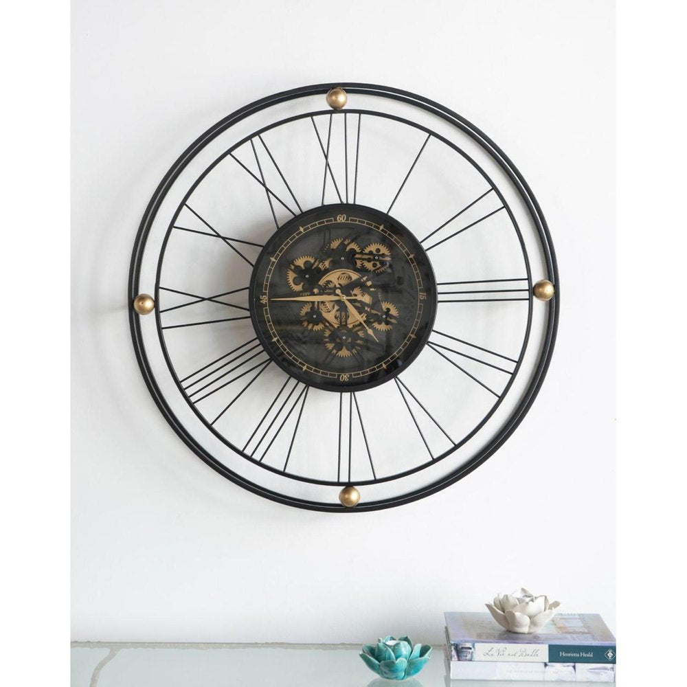 32" Circle Black and Gold Metal and Glass Analog Exposed Gear Wall Clock HomeRoots