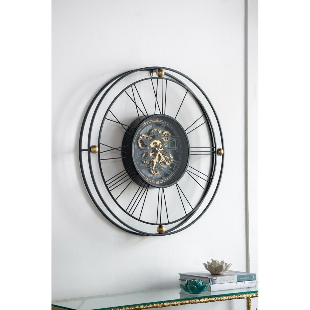 32" Circle Black and Gold Metal and Glass Analog Exposed Gear Wall Clock HomeRoots