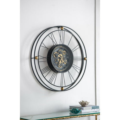 32" Circle Black and Gold Metal and Glass Analog Exposed Gear Wall Clock HomeRoots