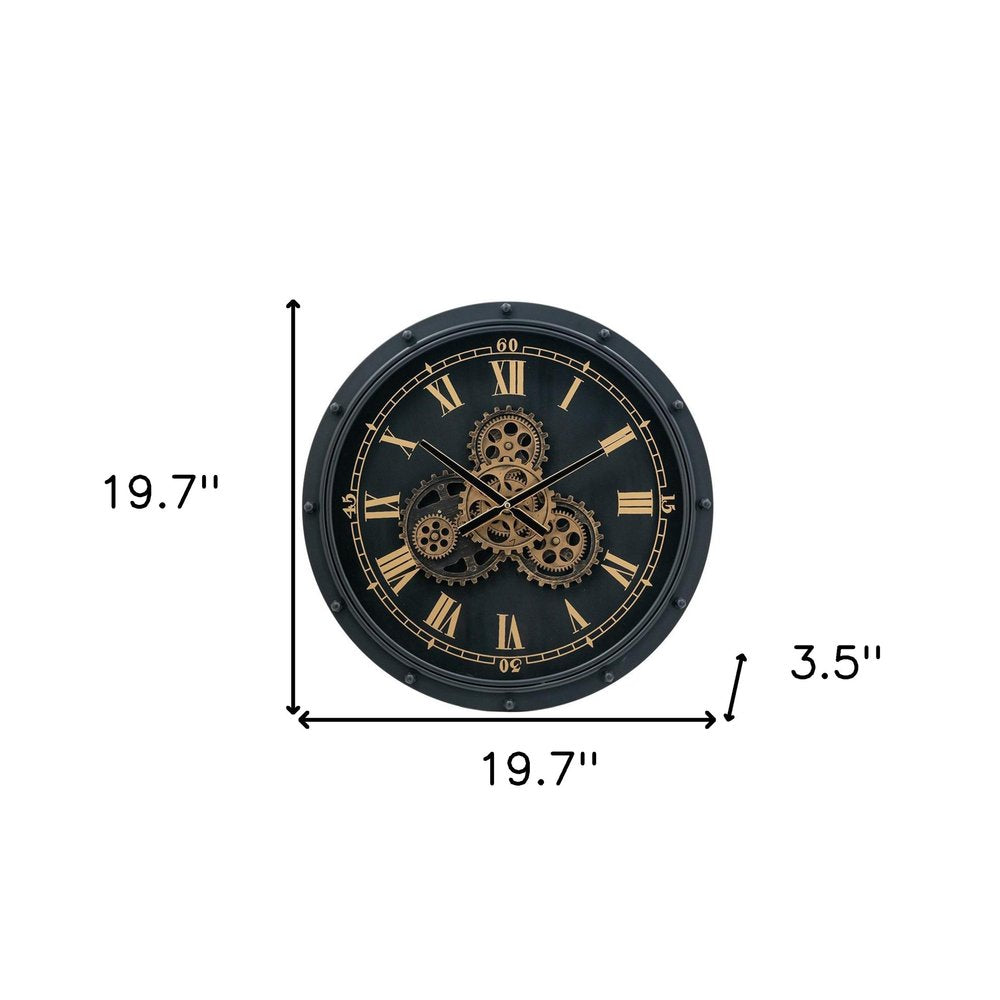 20" Circle Black and Gold Metal and Glass Analog Wall Clock HomeRoots