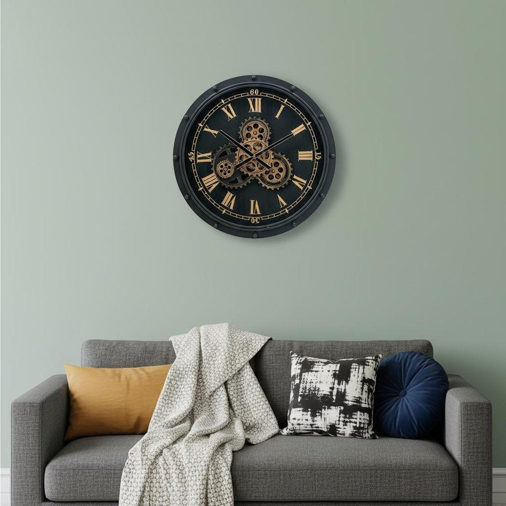 20" Circle Black and Gold Metal and Glass Analog Wall Clock HomeRoots