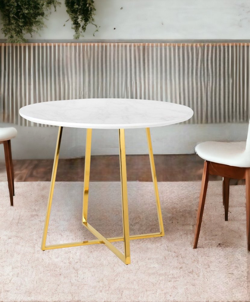 39" White And Gold Rounded Iron Pedestal Base Dining Table HomeRoots