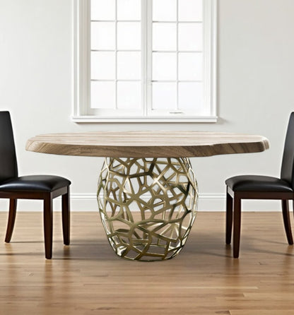 63" Brown And Brass Rounded Solid Wood And Iron Pedestal Base Dining Table HomeRoots