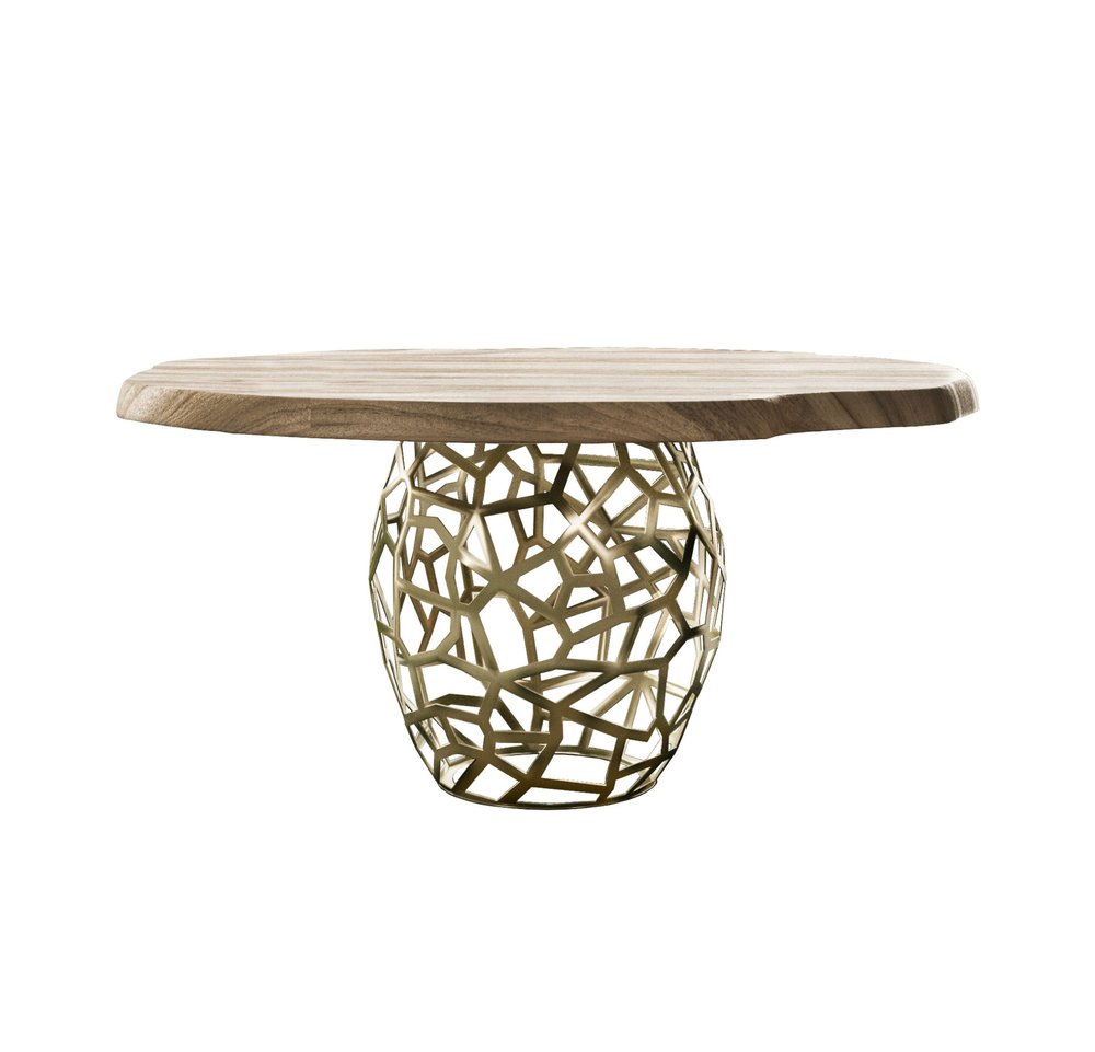 63" Brown And Brass Rounded Solid Wood And Iron Pedestal Base Dining Table HomeRoots