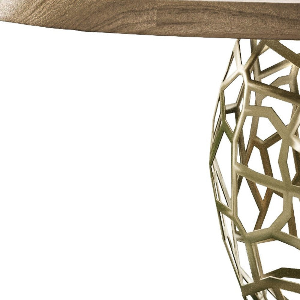 63" Brown And Brass Rounded Solid Wood And Iron Pedestal Base Dining Table HomeRoots