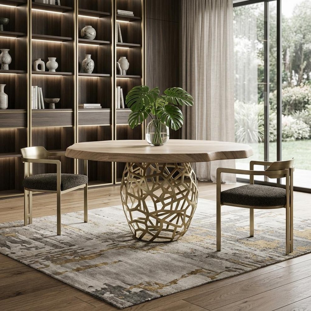 63" Brown And Brass Rounded Solid Wood And Iron Pedestal Base Dining Table HomeRoots