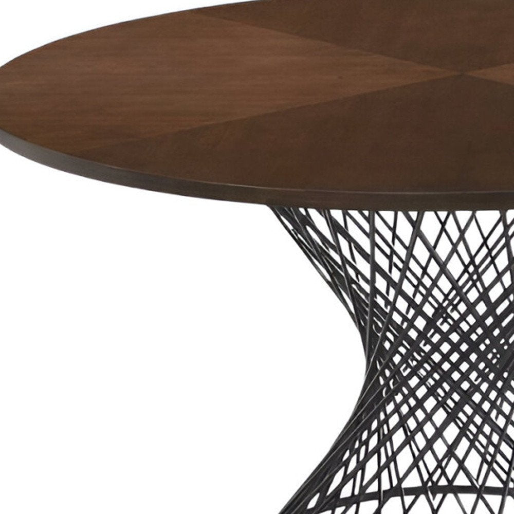 54" Brown And Black Rounded Solid Manufactured Wood And Iron Pedestal Base Dining Table HomeRoots
