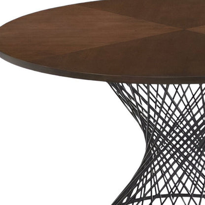54" Brown And Black Rounded Solid Manufactured Wood And Iron Pedestal Base Dining Table HomeRoots