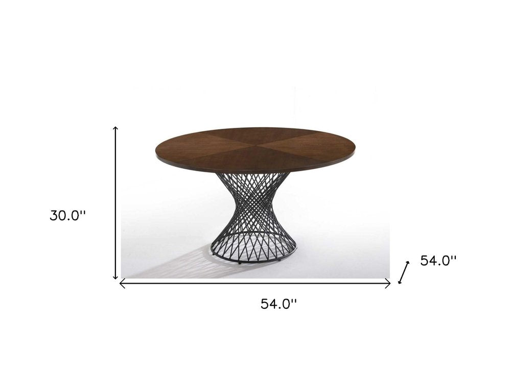 54" Brown And Black Rounded Solid Manufactured Wood And Iron Pedestal Base Dining Table HomeRoots