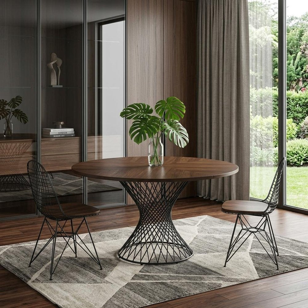 54" Brown And Black Rounded Solid Manufactured Wood And Iron Pedestal Base Dining Table HomeRoots