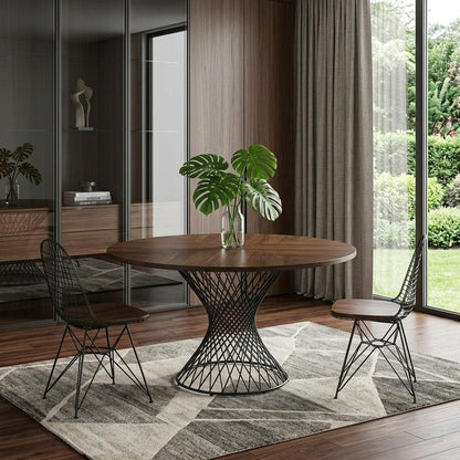 54" Brown And Black Rounded Solid Manufactured Wood And Iron Pedestal Base Dining Table HomeRoots