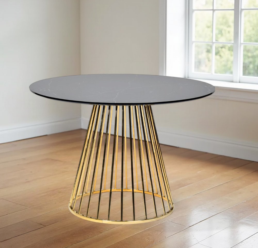 43" Black And Gold Rounded Stainless Steel Pedestal Base Dining Table HomeRoots