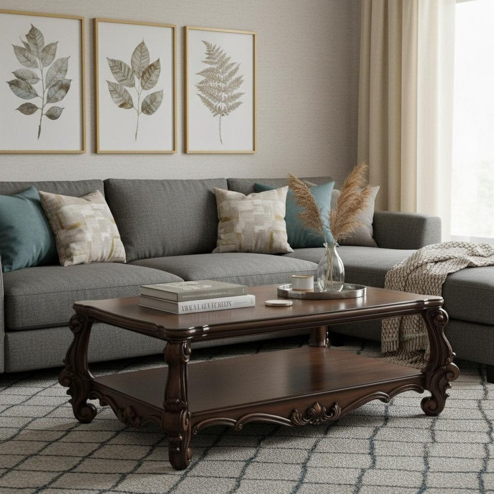 59" Brown and Dark Brown Wood Coffee Table With Shelf HomeRoots