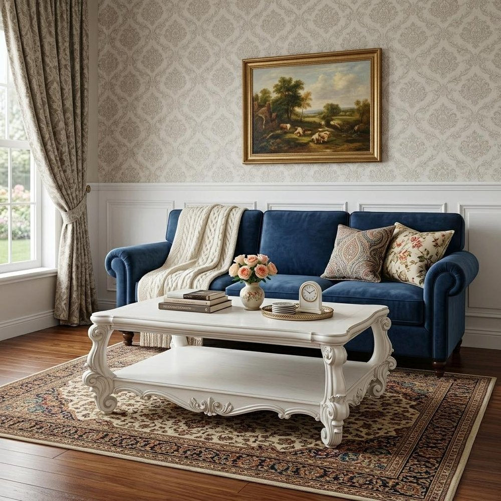 57" Antiqued White Wood Coffee Table With Shelf HomeRoots