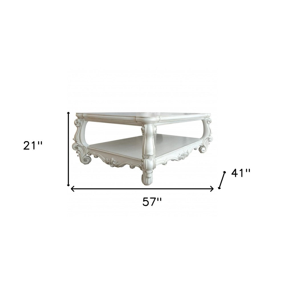 57" Antiqued White Wood Coffee Table With Shelf HomeRoots