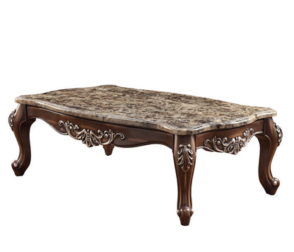 57" Brown and Oak Faux Marble And Wood Coffee Table HomeRoots
