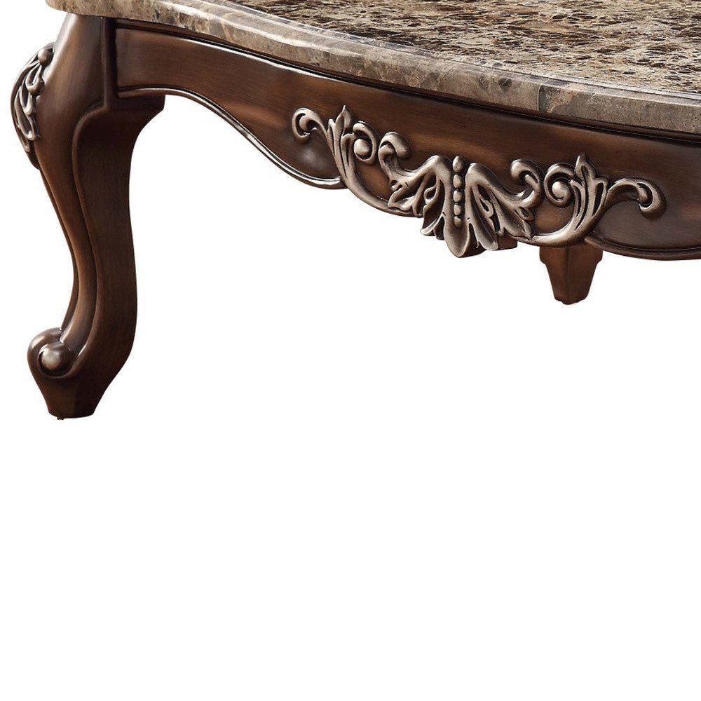 57" Brown and Oak Faux Marble And Wood Coffee Table HomeRoots