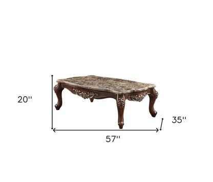 57" Brown and Oak Faux Marble And Wood Coffee Table HomeRoots