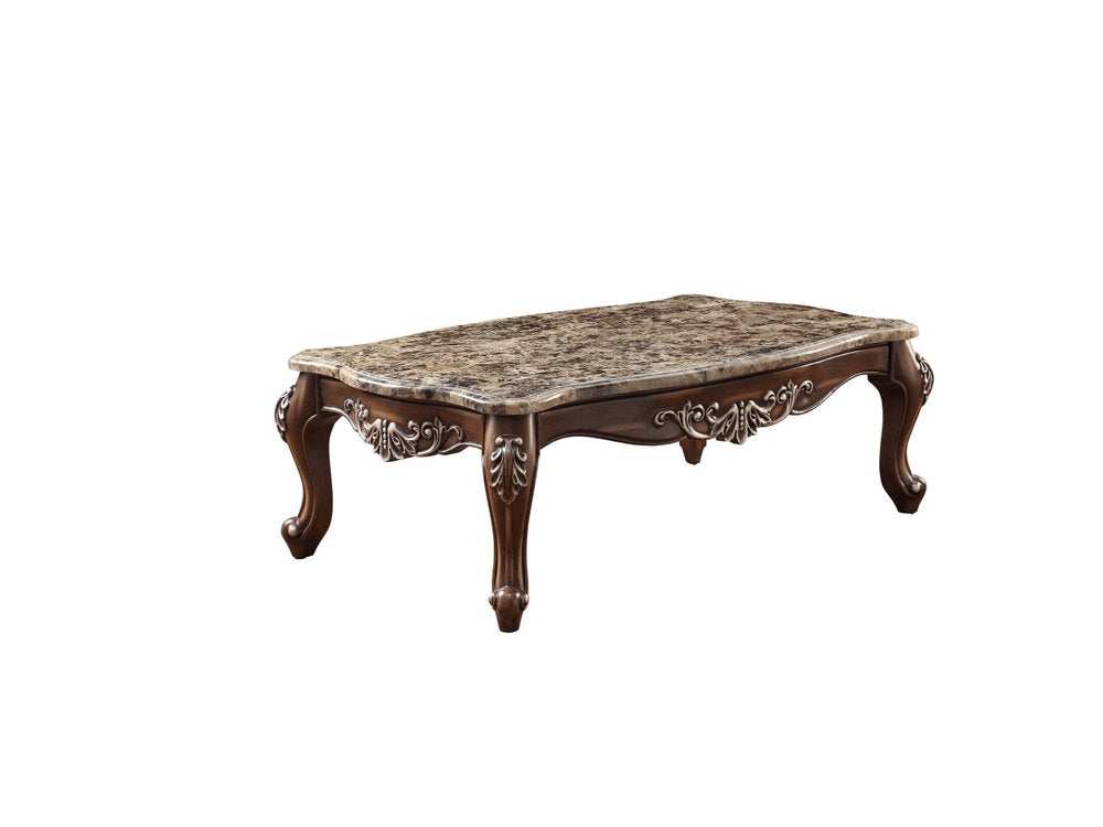 57" Brown and Oak Faux Marble And Wood Coffee Table HomeRoots