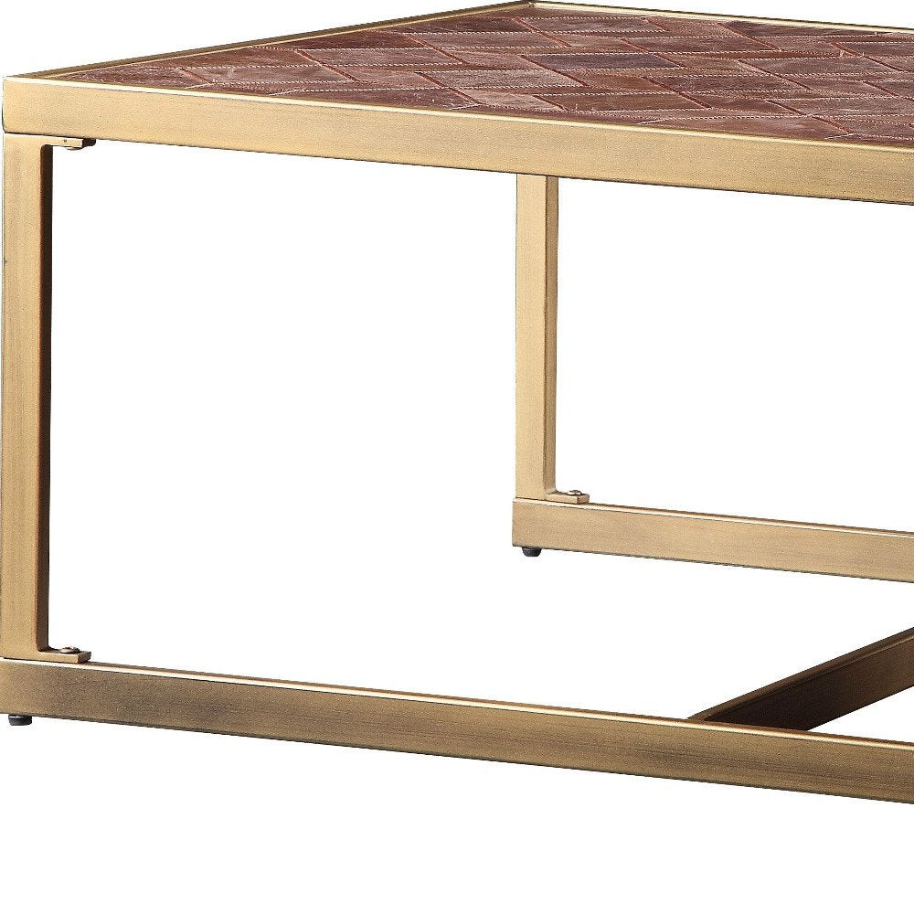 51" Brass And Retro Brown Leather Rectangular Coffee Table HomeRoots