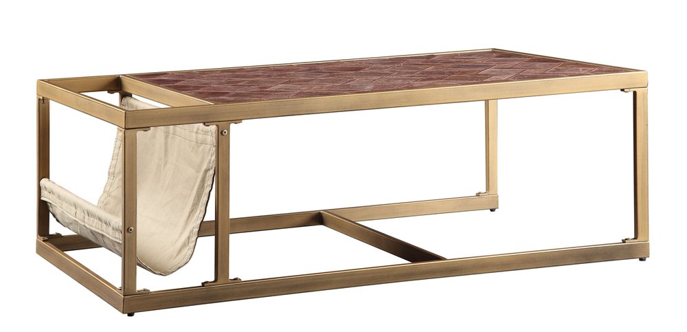 51" Brass And Retro Brown Leather Rectangular Coffee Table HomeRoots