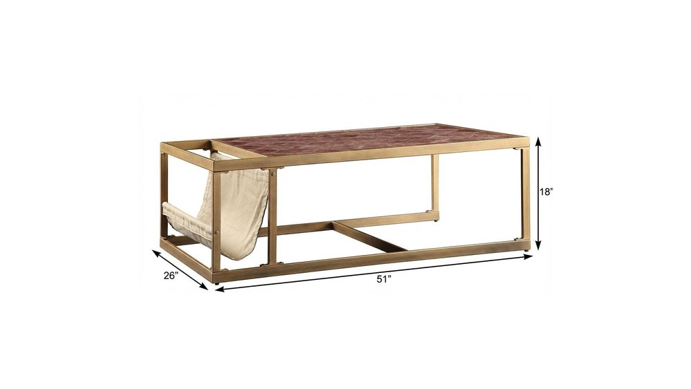 51" Brass And Retro Brown Leather Rectangular Coffee Table HomeRoots