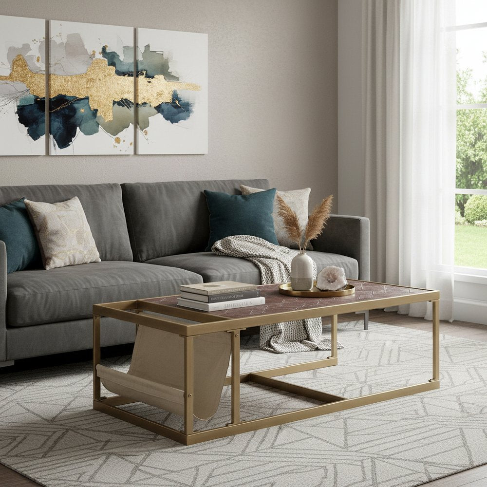 51" Brass And Retro Brown Leather Rectangular Coffee Table HomeRoots