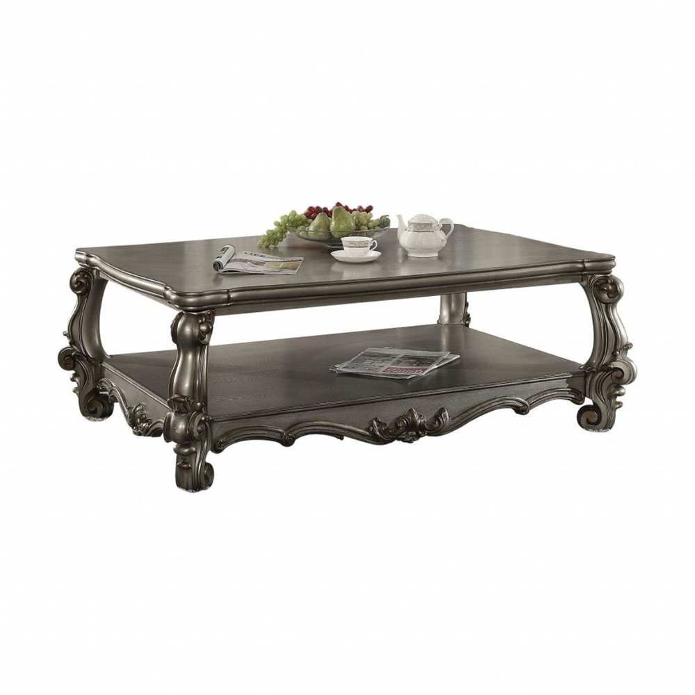 59" Gray Wood And Polyresin Coffee Table With Shelf HomeRoots