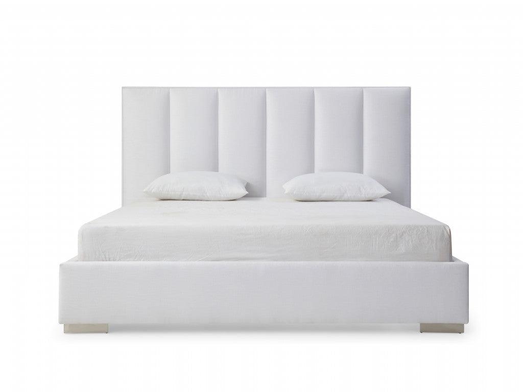 Queen White Upholstered Channel Tufted Velvet Bed Frame - FurniFindUSA