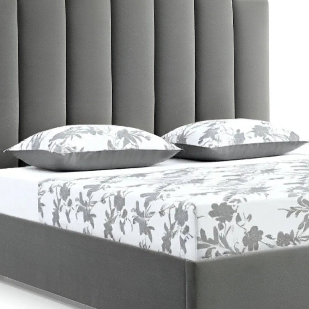 Queen Grey Upholstered Vertical Channel Velvet Bed with USB HomeRoots
