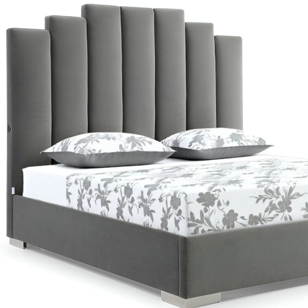 Queen Grey Upholstered Vertical Channel Velvet Bed with USB HomeRoots