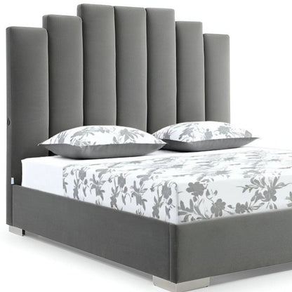 Queen Grey Upholstered Vertical Channel Velvet Bed with USB HomeRoots