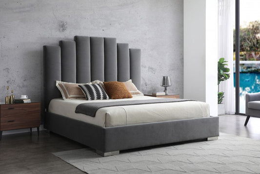Queen Grey Upholstered Vertical Channel Velvet Bed with USB HomeRoots