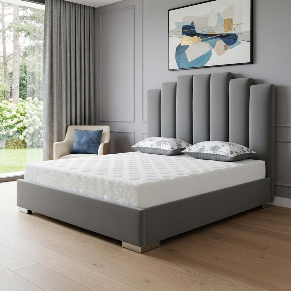 Queen Grey Upholstered Vertical Channel Velvet Bed with USB HomeRoots