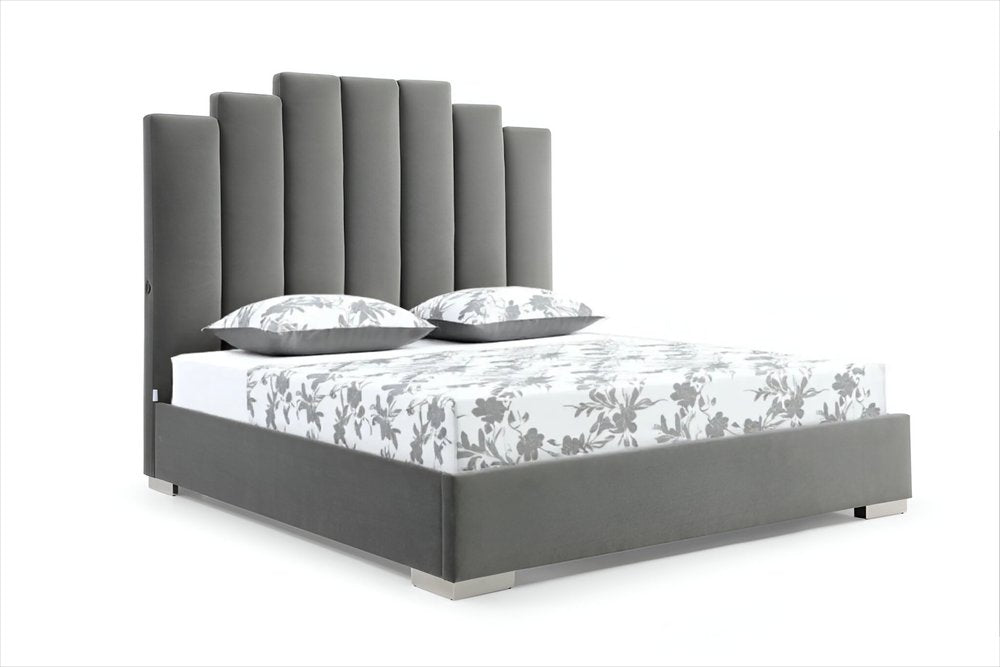 Queen Grey Upholstered Vertical Channel Velvet Bed with USB HomeRoots