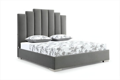 Queen Grey Upholstered Vertical Channel Velvet Bed with USB HomeRoots