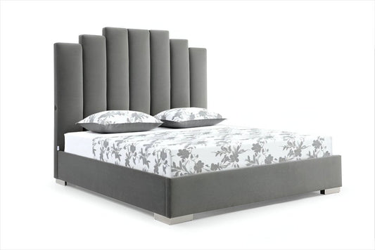 Queen Grey Upholstered Vertical Channel Velvet Bed with USB HomeRoots