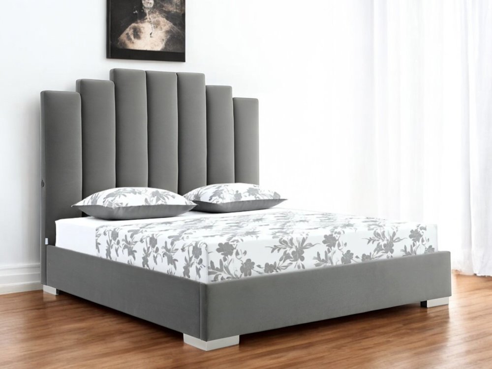 Queen Grey Upholstered Vertical Channel Velvet Bed with USB HomeRoots
